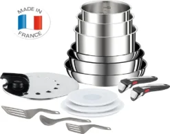 Tefal Topfset INGENIO Emotion Kochgeschirr, 22 Tlg, Topfset & Pfannenset, Wok, Pfanne , Edelstahl 18/10, Töpfe Und Pfannen Set, Kochtopf Kochtöpfe Für Induktionsherd Geeignet, Mit Deckel Abnehmbarer Griff