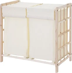 Wäschesammler HWC-B60, Laundry Wäschebox Wäschekorb, Massiv-Holz 2 Fächer 60x60x33cm 68l Hellbraun, Bezug Creme