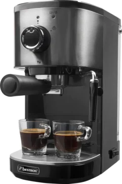 Bestron Espressomaschine Für 2 Tassen, Kolbenmaschine Mit Schwenkbarer Dampfdüse, Inkl. Integriertem Tassenwärmer, Herausnehmbarem Wassertank & 15 Bar Pumpendruck, 1.450 Watt, Farbe: Silber