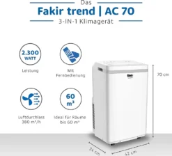 Fakir AC70 Klimagerät, Max. Raumgröße: 60 M³, 7.000 BTU/h -Haushaltswaren Store 7cfbca0a3ebab86f9a80bf115fd2ca1a