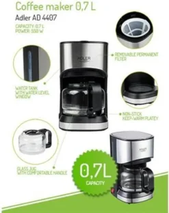 Adler AD-4407 Tropfkaffeemaschine 8 Tassen, Edelstahl, BPA-frei, 550 W, 550 W, 0,7 Liter, Schwarz Und Grau -Haushaltswaren Store 7d246c1edde7207af62c890f59f21405