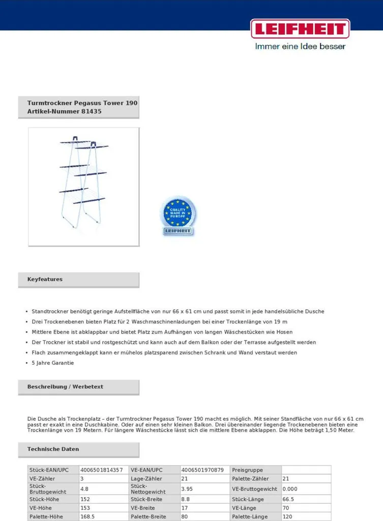 LEIFHEIT Wäscheständer "Pegasus Tower 190" Wäschetrockner 3 Ebenen **** 8 LEIFHEIT Wäscheständer "Pegasus Tower 190" Wäschetrockner 3 Ebenen **** – Bild 6
