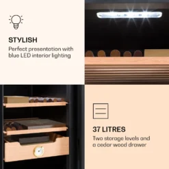 Klarstein Zigarren Humidor Befeuchter - Thermoelektrischer Humidor Schrank Mit Glastür - Mit Einschüben Aus Zedernholz - Hygrometer - LED-Innenbeleuchtung - 37 Liter - Silber Humidor Zigarre Elektrisch Humidor Schrank Luftbefeuchter Humidor Zigarren -Haushaltswaren Store 7fbad095c43b1b3769eaf85e4f134dc0