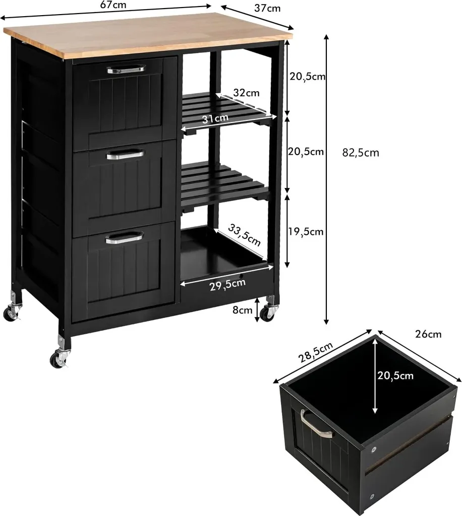 COSTWAY Küchenwagen Mit Tablett, Regalen Und 3 Großen Schubladen, Küchenschrank Rollbar, Kücheninsel Aus Kautschukholz, Servierwagen 67 X 37 X 82,5 Cm (Schwarz) 9 COSTWAY Küchenwagen Mit Tablett, Regalen Und 3 Großen Schubladen, Küchenschrank Rollbar, Kücheninsel Aus Kautschukholz, Servierwagen 67 X 37 X 82,5 Cm (Schwarz) – Bild 7