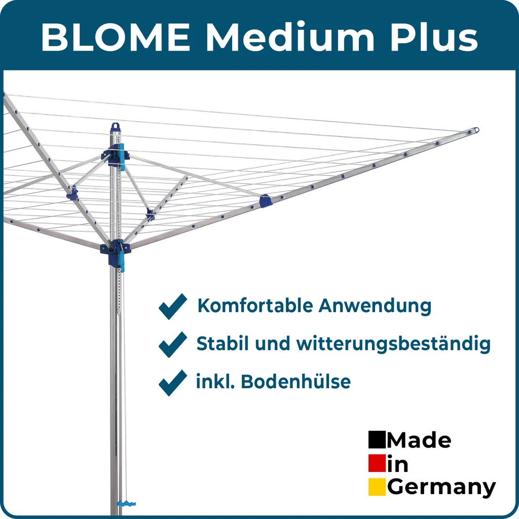 BLOME Wäschespinne Standard Medium Plus - Inkl. Bodenhülse Mit Deckel, Wäscheschirm Mit 60m Wäscheleine, Hochwertig & Stabil, Germany 4 BLOME Wäschespinne Standard Medium Plus - Inkl. Bodenhülse Mit Deckel, Wäscheschirm Mit 60m Wäscheleine, Hochwertig & Stabil, Germany – Bild 2