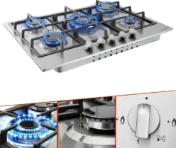 AREBOS Gaskochfeld 5 Flammen, Edelstahl, Inkl. Topfträger & Zündsicherung, Autark, Geeignet Für Erdgas Oder Propangas, Gasherd