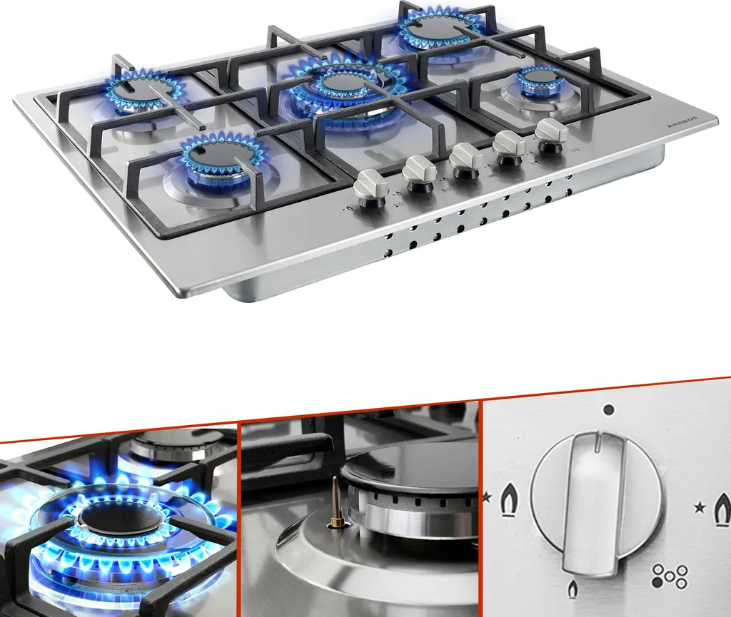 AREBOS Gaskochfeld 5 Flammen, Edelstahl, Inkl. Topfträger & Zündsicherung, Autark, Geeignet Für Erdgas Oder Propangas, Gasherd 3 AREBOS Gaskochfeld 5 Flammen, Edelstahl, Inkl. Topfträger & Zündsicherung, Autark, Geeignet Für Erdgas Oder Propangas, Gasherd