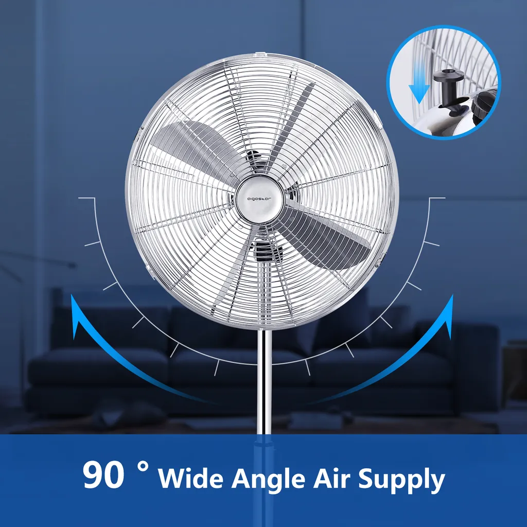 Aigostar Emery - Ventilator Standventilator Metall Mit Oszillation 90° Im Chrom -Design - Höhen Verstellbarer Standfuß Industriell Mechanisch Standlüfter 3 Geschwindigkeit 4 Blätter 60 Watt Silber 7 Aigostar Emery - Ventilator Standventilator Metall Mit Oszillation 90° Im Chrom -Design - Höhen Verstellbarer Standfuß Industriell Mechanisch Standlüfter 3 Geschwindigkeit 4 Blätter 60 Watt Silber – Bild 5