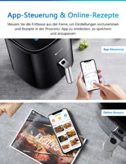 Proscenic T22 Heißluftfritteuse, App Und Sprachsteuerung, 5L XXL Luftfritteuse, Airfryer Mit Großem Digitalem LED Display, Vorheizen&Warm Halten, 100 Rezepte,ohne Öl, Schwarz, Edelstahl -Haushaltswaren Store 89ef07f60087994b15d61a60131eee09