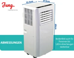 JUNG AIR TV05 Mobiles Klimagerät Mit Fernbedienung + Abluft-Schlauch - 3,2 KW/11000 BTU - STROMSPAREND, GERÄUSCHARM -100m³ Raum Kühlung, Klimaanlage Mobil Leise, Weiß -Haushaltswaren Store 8eb70d951197eb806dc8a76e60e99aa3