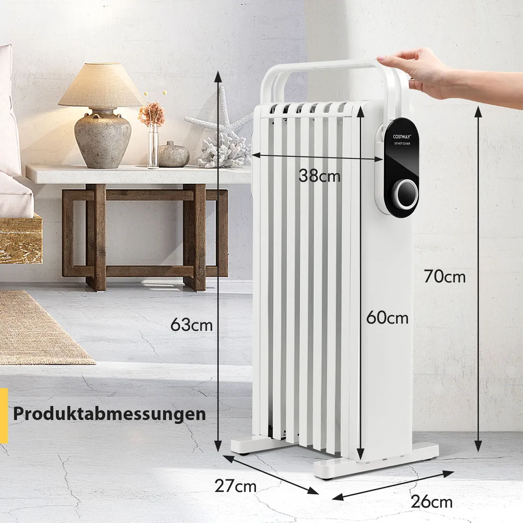 COSTWAY 1500W Ölradiator 5-35℃ Für 20m² Mit 3 Heizstufen Ölheizung Elektrisch 7 Rippen Energiesparend, Heizkörper Mobil, Überhitzungsschutz Weiß 10 COSTWAY 1500W Ölradiator 5-35℃ Für 20m² Mit 3 Heizstufen Ölheizung Elektrisch 7 Rippen Energiesparend, Heizkörper Mobil, Überhitzungsschutz Weiß – Bild 8