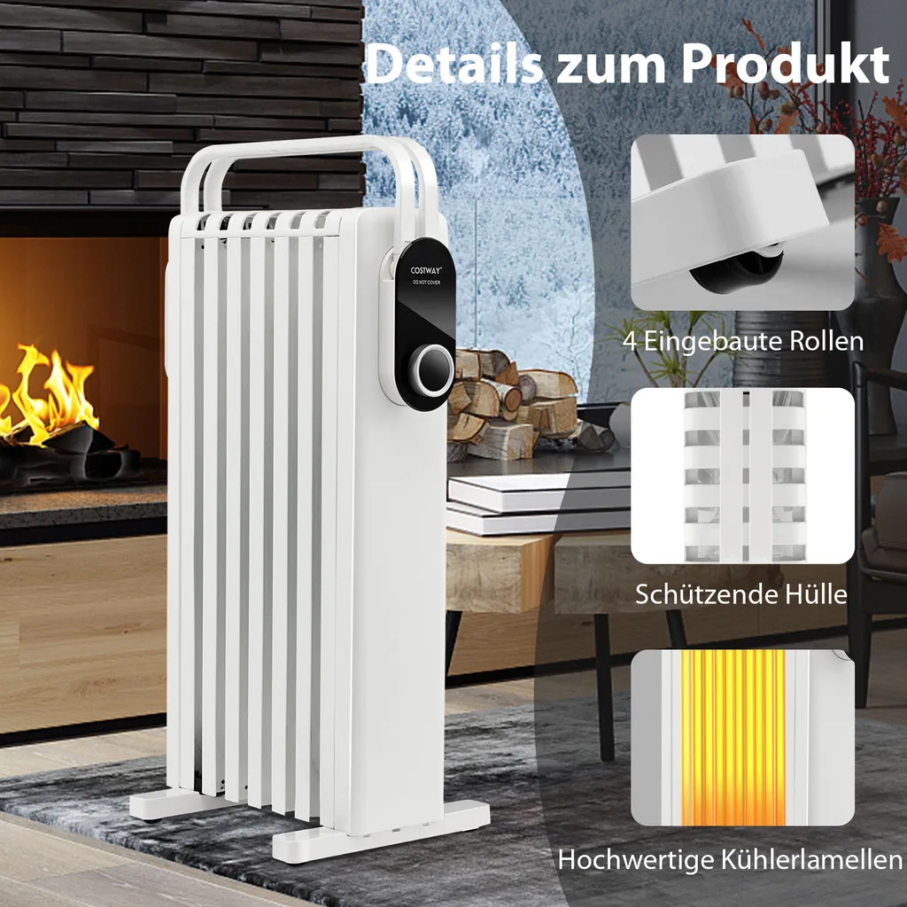 COSTWAY 1500W Ölradiator 5-35℃ Für 20m² Mit 3 Heizstufen Ölheizung Elektrisch 7 Rippen Energiesparend, Heizkörper Mobil, Überhitzungsschutz Weiß 9 COSTWAY 1500W Ölradiator 5-35℃ Für 20m² Mit 3 Heizstufen Ölheizung Elektrisch 7 Rippen Energiesparend, Heizkörper Mobil, Überhitzungsschutz Weiß – Bild 7
