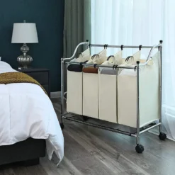 SONGMICS Wäschekorb Mit 4 Fächern Beige 140 L Faltbar Eisengetsell 4 ×35 L Wäschesortierer Wäschebox Wäschewagen Wäschesammler Aus Polyester LSF005S -Haushaltswaren Store 98355362780a2926101e83658f6a766a