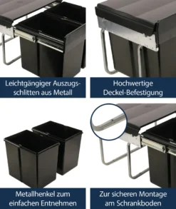 Wesco Niedriger Mülleimer Küche Ausziehbar | 2 X 15 L Einbaumülleimer Mit Schienengestell | Abfallsystem | Abfallsammler | Trennsystem | Bodenmontage | Kunststoff Schwarz | 28015 0 -Haushaltswaren Store 9851fe51b69520dc1fecd1cd69fadf3e