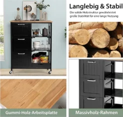 COSTWAY Küchenwagen Mit Tablett, Regalen Und 3 Großen Schubladen, Küchenschrank Rollbar, Kücheninsel Aus Kautschukholz, Servierwagen 67 X 37 X 82,5 Cm (Schwarz) 12 COSTWAY Küchenwagen Mit Tablett, Regalen Und 3 Großen Schubladen, Küchenschrank Rollbar, Kücheninsel Aus Kautschukholz, Servierwagen 67 X 37 X 82,5 Cm (Schwarz) -Haushaltswaren Store 99c24d04f9c160347cc32638ed8d003c