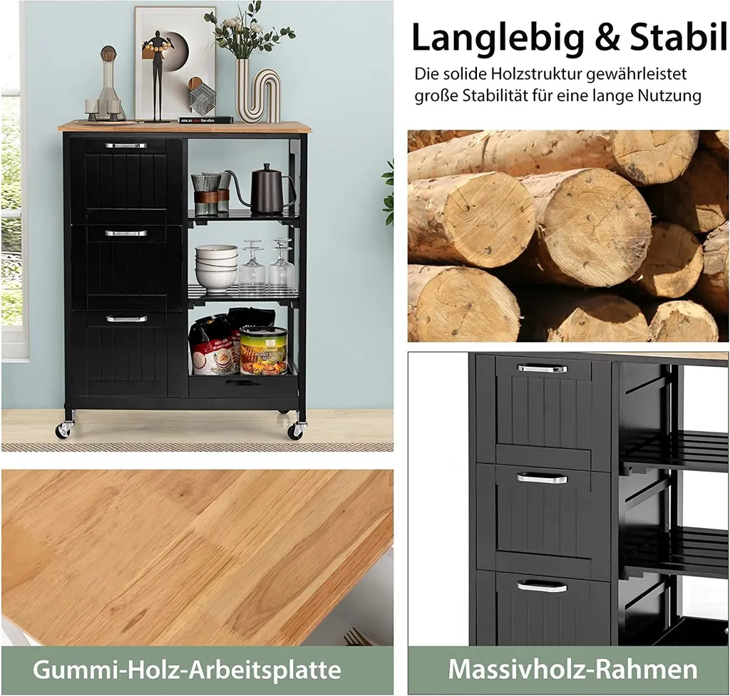 COSTWAY Küchenwagen Mit Tablett, Regalen Und 3 Großen Schubladen, Küchenschrank Rollbar, Kücheninsel Aus Kautschukholz, Servierwagen 67 X 37 X 82,5 Cm (Schwarz) 6 COSTWAY Küchenwagen Mit Tablett, Regalen Und 3 Großen Schubladen, Küchenschrank Rollbar, Kücheninsel Aus Kautschukholz, Servierwagen 67 X 37 X 82,5 Cm (Schwarz) – Bild 4