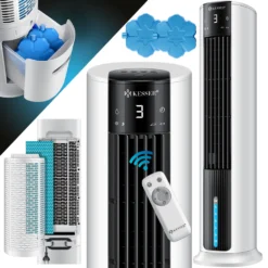 KESSER® 4in1 Mobile Klimaanlage Tower Klimagerät Ventilator/Luftkühler/Luftbefeuchter/Ionisator, Mit Fernbedienung , Timer , Wassertank, 60W, Klima , 2 Kühlakkus Turmventilator, Farbe:Weiß / Schwarz -Haushaltswaren Store 99d083f1cfe9226107e4abe9f1e7471b