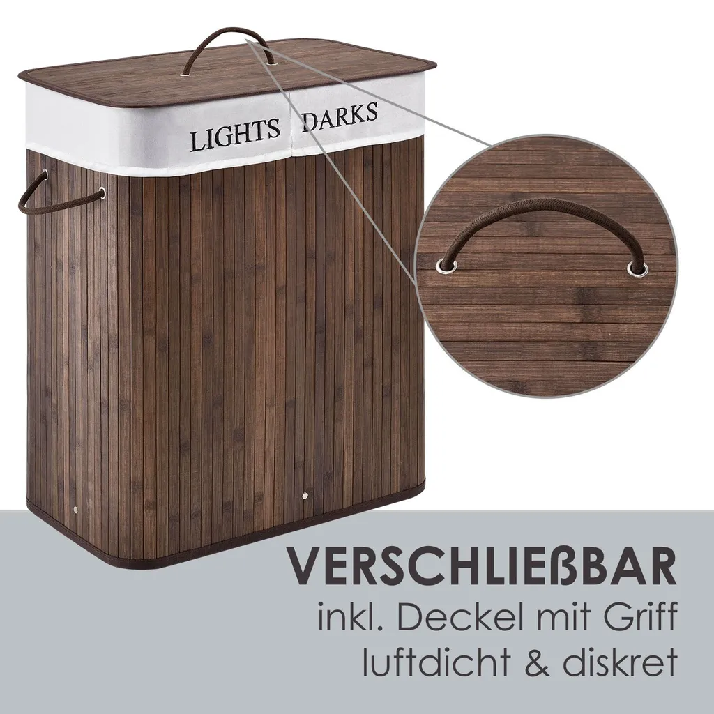 Juskys Bambus Wäschekorb Curly – 100 Liter Wäschesammler Mit Deckel, Griff & Stoff Wäschesack – 2 Fächer Wäschesortierer – Wäschebox In Braun 7 Juskys Bambus Wäschekorb Curly – 100 Liter Wäschesammler Mit Deckel, Griff & Stoff Wäschesack – 2 Fächer Wäschesortierer – Wäschebox In Braun – Bild 5