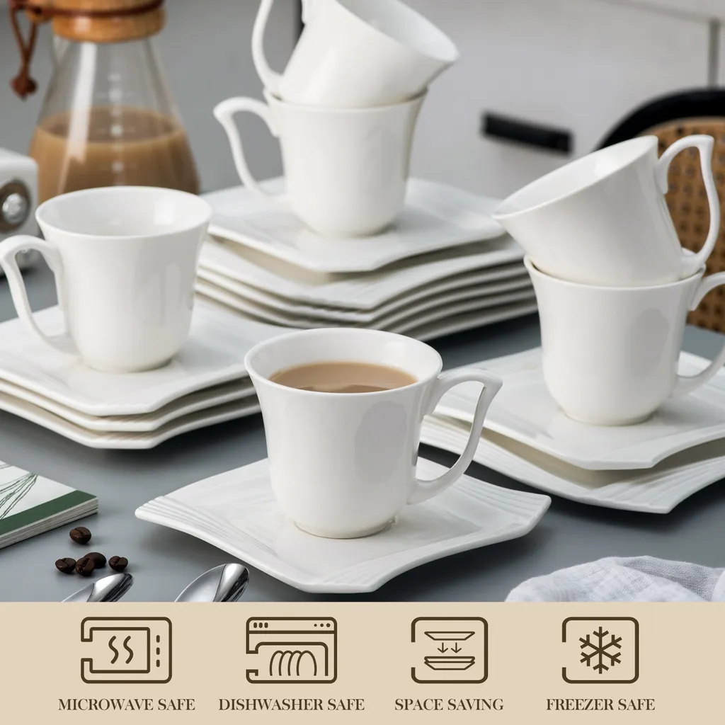 MALACASA, Serie Amparo, 36 Teilig Set Cremeweiß Porzellan Kaffeeservice Dessertteller Kaffeetasse Mit Untertasse 5 MALACASA, Serie Amparo, 36 Teilig Set Cremeweiß Porzellan Kaffeeservice Dessertteller Kaffeetasse Mit Untertasse – Bild 3