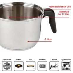 Milchtopf EUROHOME 14cm Kleiner Topf Mit Griff Aus Rostfreiem Edelstahl - Kochtopf Mit Messskala Bis 1,2L, Induktion Und Spülmaschinengeeignet -Haushaltswaren Store a7ca5c20c8f81c31cf6de42694789c46