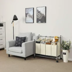 SONGMICS Wäschekorb Mit 4 Fächern Beige 140 L Faltbar Eisengetsell 4 ×35 L Wäschesortierer Wäschebox Wäschewagen Wäschesammler Aus Polyester LSF005S -Haushaltswaren Store a86bb57abb78ac507add78214eeeec5e