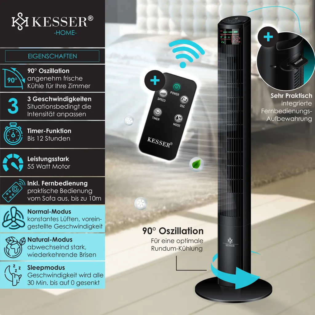 KESSER® Turmventilator Mit Fernbedienung | 120 Cm | Oszilation | 55W | LED-Display | Ventilator Mit 3 Geschwindigkeitsstufen + Timer Bis 12 Stunden + 3 Betriebsmodi + 90° Oszillierend Towerventilator, Farbe:Schwarz 5 KESSER® Turmventilator Mit Fernbedienung | 120 Cm | Oszilation | 55W | LED-Display | Ventilator Mit 3 Geschwindigkeitsstufen + Timer Bis 12 Stunden + 3 Betriebsmodi + 90° Oszillierend Towerventilator, Farbe:Schwarz – Bild 3