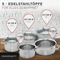 Classbach® Topfset 8-teilig, Kochtopf Set Edelstahl Für Alle Herdarten (Induktion-, Gasherd, Ceranfeld, Elektroherd) Spülmaschinenfest Kochtopf Set Camping, Töpfe Induktion Kochtopfset C-KTS 4017 -Haushaltswaren Store ace215a8b3395649b4ea68fcbe587f1f