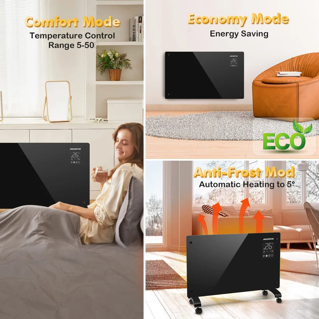 Aigostar Elektroheizung, Elektro Glasheizung, Konvektor-Heizung, LED Touchscreen Einstellbare Temperatur, 2000 W 9 Aigostar Elektroheizung, Elektro Glasheizung, Konvektor-Heizung, LED Touchscreen Einstellbare Temperatur, 2000 W – Bild 7