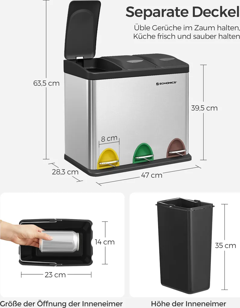 SONGMICS Mülleimer 24L, Edelstahl Abfalleimer Mit Inneneimer 3 X 8L 3-in-1Treteimer Trennsysteme LTB24L 9 SONGMICS Mülleimer 24L, Edelstahl Abfalleimer Mit Inneneimer 3 X 8L 3-in-1Treteimer Trennsysteme LTB24L – Bild 7
