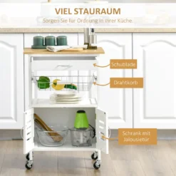 HOMCOM Küchenwagen Küchenrollwagen Servierwagen Mit Schublade Abnehmbares Tablett Bambus MDF Metall Weiß+Natur 58 X 37 X 83 Cm -Haushaltswaren Store afa07526428493505bcbd59889fa636a