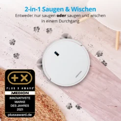 MEDION Saugroboter Mit Wischfunktion Und Systematischer Navigation P20 SW (Modell 2021, 2.000 Pa Saugkraft, Inkl. Fernbedienung, Ladestation, Tierhaar Allergiker Optimiert) -Haushaltswaren Store b167645756897398fd791adfbe2c824a