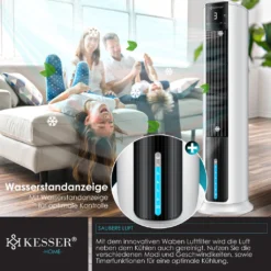 KESSER® 4in1 Mobile Klimaanlage Tower Klimagerät Ventilator/Luftkühler/Luftbefeuchter/Ionisator, Mit Fernbedienung , Timer , Wassertank, 60W, Klima , 2 Kühlakkus Turmventilator, Farbe:Weiß / Schwarz -Haushaltswaren Store b2d5ddb3902e7f6c9d0f2b5b614fb275