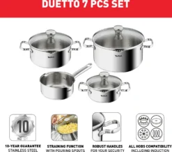 Tefal Duetto Kochgeschirr, 7-Teiliges Set, Stielkasserolle 16 Cm, Kochtöpfe 16/20/24 Cm + Deckel -Haushaltswaren Store b539c6ca97b72b3012aecab98bdb61c9
