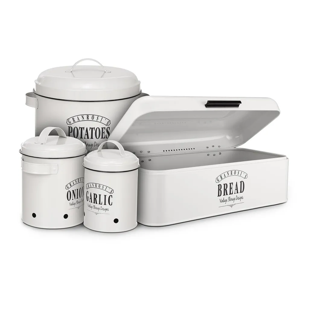 Klarstein Granrosi Georgia Vorratsbehälter Vorratstopf 3er-Set , Knoblauchtopf, Zwiebeltopf, Kartoffeltopf , Emaille-Stahlblech , Rostfrei , Lüftungsöffnungen , Vintage-Design , Creme 7 Klarstein Granrosi Georgia Vorratsbehälter Vorratstopf 3er-Set , Knoblauchtopf, Zwiebeltopf, Kartoffeltopf , Emaille-Stahlblech , Rostfrei , Lüftungsöffnungen , Vintage-Design , Creme – Bild 5