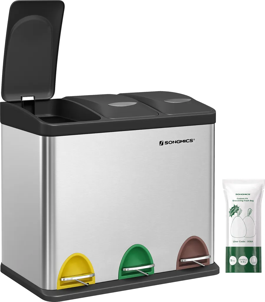SONGMICS Mülleimer 24L, Edelstahl Abfalleimer Mit Inneneimer 3 X 8L 3-in-1Treteimer Trennsysteme LTB24L 4 SONGMICS Mülleimer 24L, Edelstahl Abfalleimer Mit Inneneimer 3 X 8L 3-in-1Treteimer Trennsysteme LTB24L – Bild 2