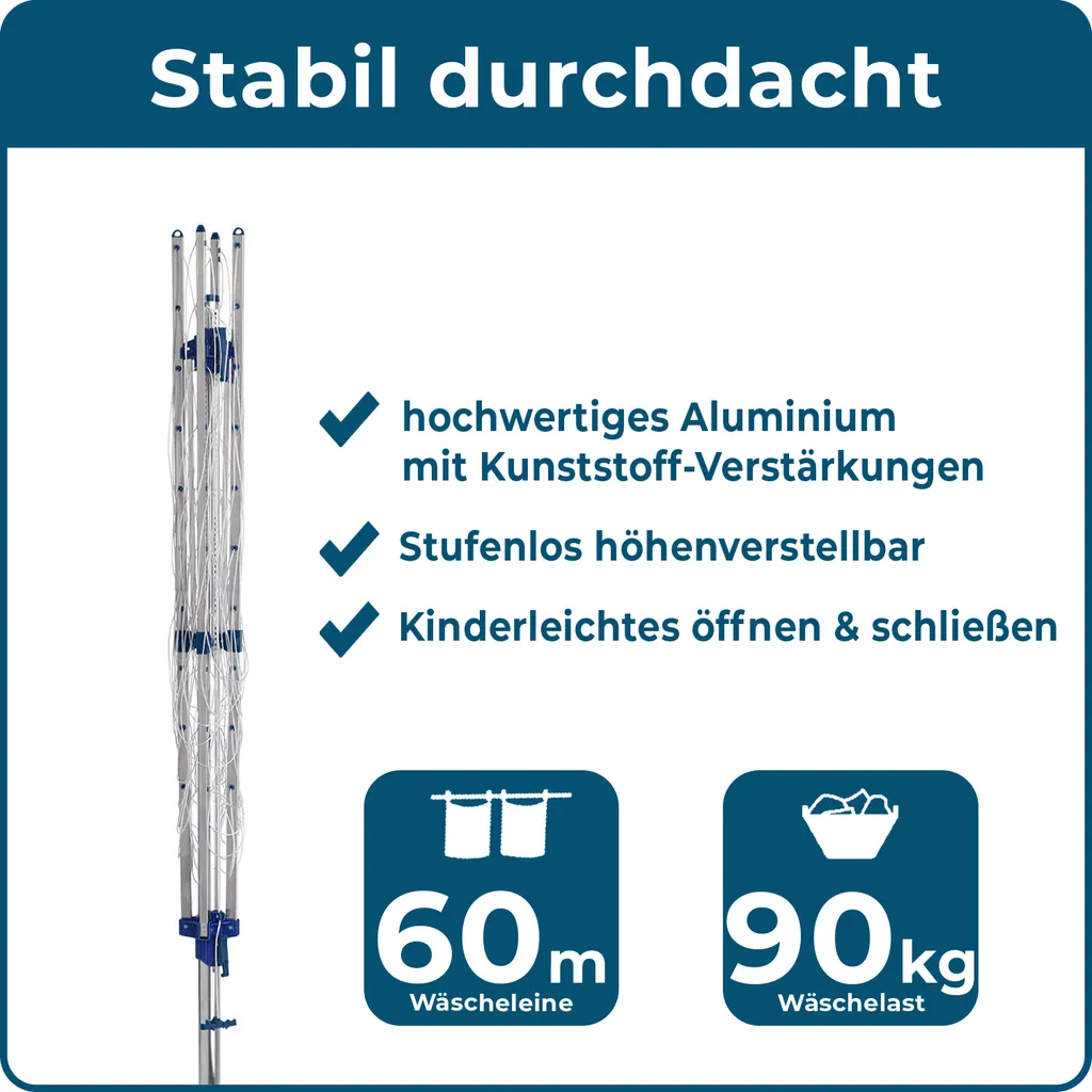 BLOME Wäschespinne Standard Medium Plus - Inkl. Bodenhülse Mit Deckel, Wäscheschirm Mit 60m Wäscheleine, Hochwertig & Stabil, Germany 5 BLOME Wäschespinne Standard Medium Plus - Inkl. Bodenhülse Mit Deckel, Wäscheschirm Mit 60m Wäscheleine, Hochwertig & Stabil, Germany – Bild 3