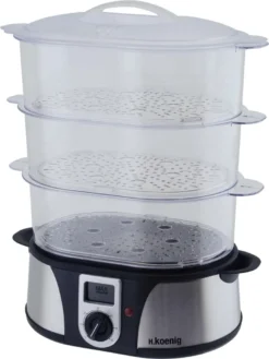 H.Koenig Elektro-Dampfgarer Ohne BPA 12 Liter, 3 Herausnehmbare Behälter, 1000 W, Timer Bis Zu 60 Minuten VAP12, Kunststoff, Metall, Single -Haushaltswaren Store ce97525da7672e65c2960930f636a27e