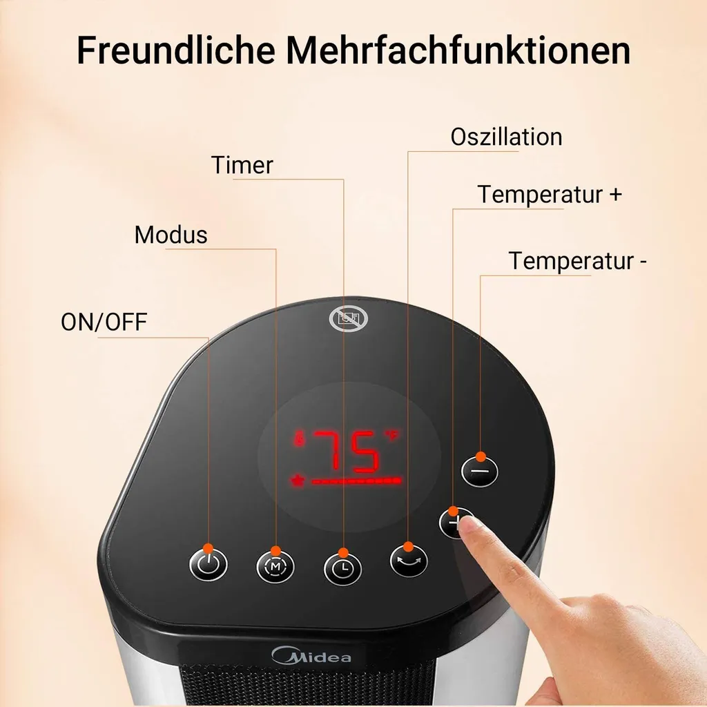 Midea NTH20-17BR Keramik Heizlüfter 2000W Mit Thermostat, Oszillation, 2 Heizstufen, Heizung Mit Ventilator, ECO-Modus, 24H Timer, Integrierter Tragegriff, Horizontales Erhitzen, PTC Heizgerät 5 Midea NTH20-17BR Keramik Heizlüfter 2000W Mit Thermostat, Oszillation, 2 Heizstufen, Heizung Mit Ventilator, ECO-Modus, 24H Timer, Integrierter Tragegriff, Horizontales Erhitzen, PTC Heizgerät – Bild 3