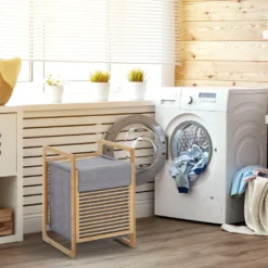 HOMCOM Wäschekorb Wäschebox Wäschesammler Mit Waschbarem Wäschesack Deckel Wäschesack Tuchsack Bambus Leinenartiges Polyester Natur+Grau 40 X 35 X 60,5 Cm 18 HOMCOM Wäschekorb Wäschebox Wäschesammler Mit Waschbarem Wäschesack Deckel Wäschesack Tuchsack Bambus Leinenartiges Polyester Natur+Grau 40 X 35 X 60,5 Cm -Haushaltswaren Store d28aed1df086571cb1ee21d54fd508ae