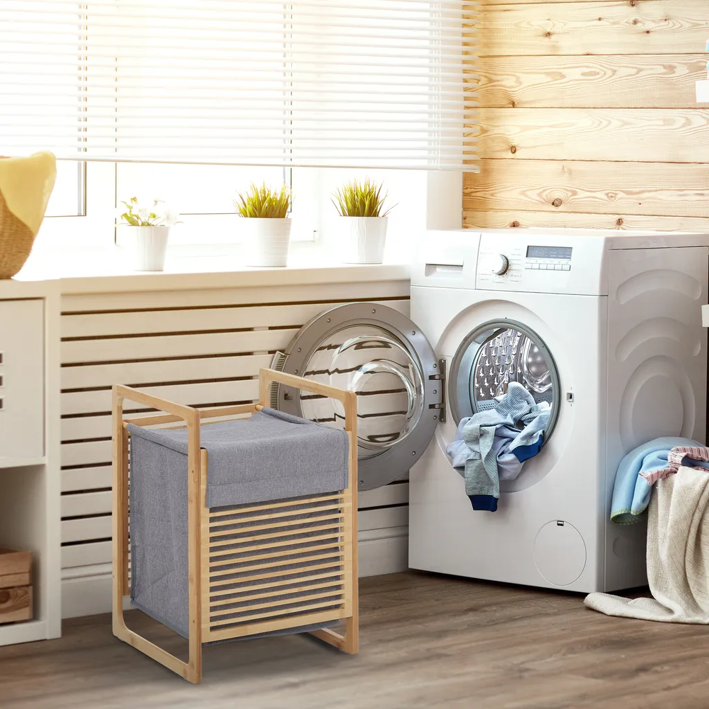 HOMCOM Wäschekorb Wäschebox Wäschesammler Mit Waschbarem Wäschesack Deckel Wäschesack Tuchsack Bambus Leinenartiges Polyester Natur+Grau 40 X 35 X 60,5 Cm 10 HOMCOM Wäschekorb Wäschebox Wäschesammler Mit Waschbarem Wäschesack Deckel Wäschesack Tuchsack Bambus Leinenartiges Polyester Natur+Grau 40 X 35 X 60,5 Cm – Bild 8