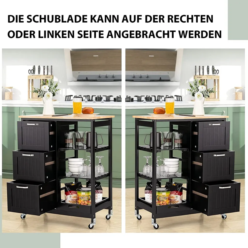 COSTWAY Küchenwagen Mit Tablett, Regalen Und 3 Großen Schubladen, Küchenschrank Rollbar, Kücheninsel Aus Kautschukholz, Servierwagen 67 X 37 X 82,5 Cm (Schwarz) 4 COSTWAY Küchenwagen Mit Tablett, Regalen Und 3 Großen Schubladen, Küchenschrank Rollbar, Kücheninsel Aus Kautschukholz, Servierwagen 67 X 37 X 82,5 Cm (Schwarz) – Bild 2