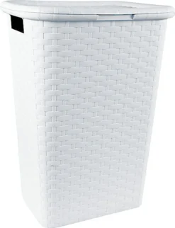 Kunststoff Wäschebox In Flechtoptik 65 Liter - Weiß - Stand Wäschekorb Mit Deckel Und Tragegriffen
