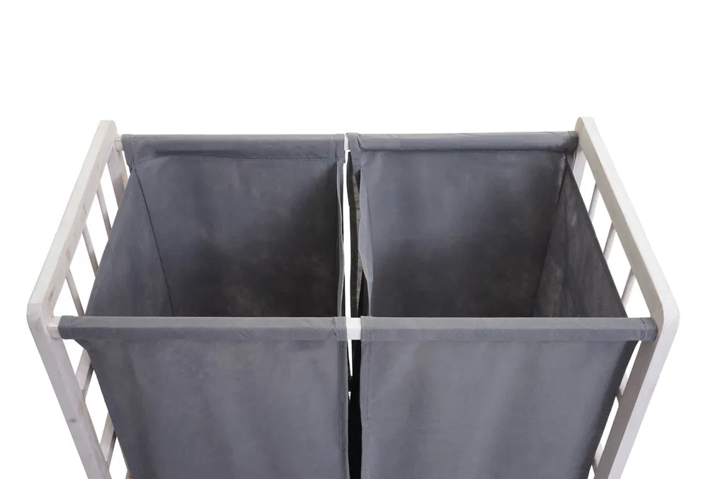 Wäschesammler MCW-B60, Laundry Wäschebox Wäschekorb, Massiv-Holz 2 Fächer 60x60x33cm 68l Shabby Weiß, Bezug Grau 7 Wäschesammler MCW-B60, Laundry Wäschebox Wäschekorb, Massiv-Holz 2 Fächer 60x60x33cm 68l Shabby Weiß, Bezug Grau – Bild 5