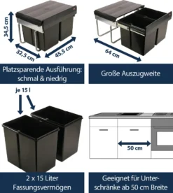 Wesco Niedriger Mülleimer Küche Ausziehbar | 2 X 15 L Einbaumülleimer Mit Schienengestell | Abfallsystem | Abfallsammler | Trennsystem | Bodenmontage | Kunststoff Schwarz | 28015 0 -Haushaltswaren Store e153980f75bea19f4bcf4b248242e829