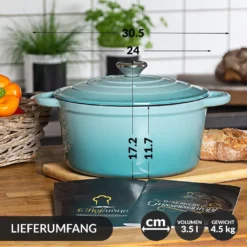 Gusseisen Topf Brot Backen 24 Cm - 3,5 L Schmortopf Gusseisen Emailliert Zum Schmoren, Backen Und Braten - Brotbacktopf Mit Deckel Induktion - (3,5 L, Blau) -Haushaltswaren Store e851c6f7d59dc640460113333c415bfa