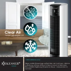 KESSER® 4in1 Mobile Klimaanlage Tower Klimagerät Ventilator/Luftkühler/Luftbefeuchter/Ionisator, Mit Fernbedienung , Timer , Wassertank, 60W, Klima , 2 Kühlakkus Turmventilator, Farbe:Weiß / Schwarz -Haushaltswaren Store e8d247d0e9ba523c610ed5c9100f8725