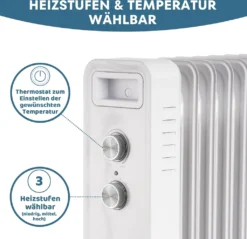STAHLMANN Ölradiator ZR201 Weiss – Elektroheizung Energiesparend Bis 50 Qm Fläche – Heizung Elektrisch Mit Thermostat Und 3 Heizstufen – Elektrisches Heizgerät, Electric Heater, Watt:2000W -Haushaltswaren Store e9bb0d81a9f67a02a56e65b591493714