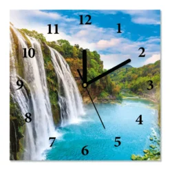 Wanduhr WASSERFALL Küchenuhr GLAS Wohnzimmeruhr DEKO Badezimmeruhr QUADRATISCH 30x30 Cm