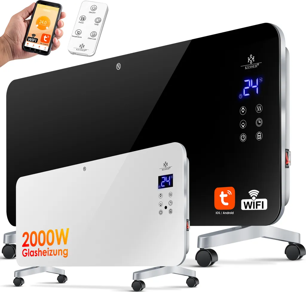 KESSER® Elektro Glasheizung Konvektor Elektroheizung Heizung Heizkörper Touch Display, Modell:Schwarz / 2000 Watt 3 KESSER® Elektro Glasheizung Konvektor Elektroheizung Heizung Heizkörper Touch Display, Modell:Schwarz / 2000 Watt