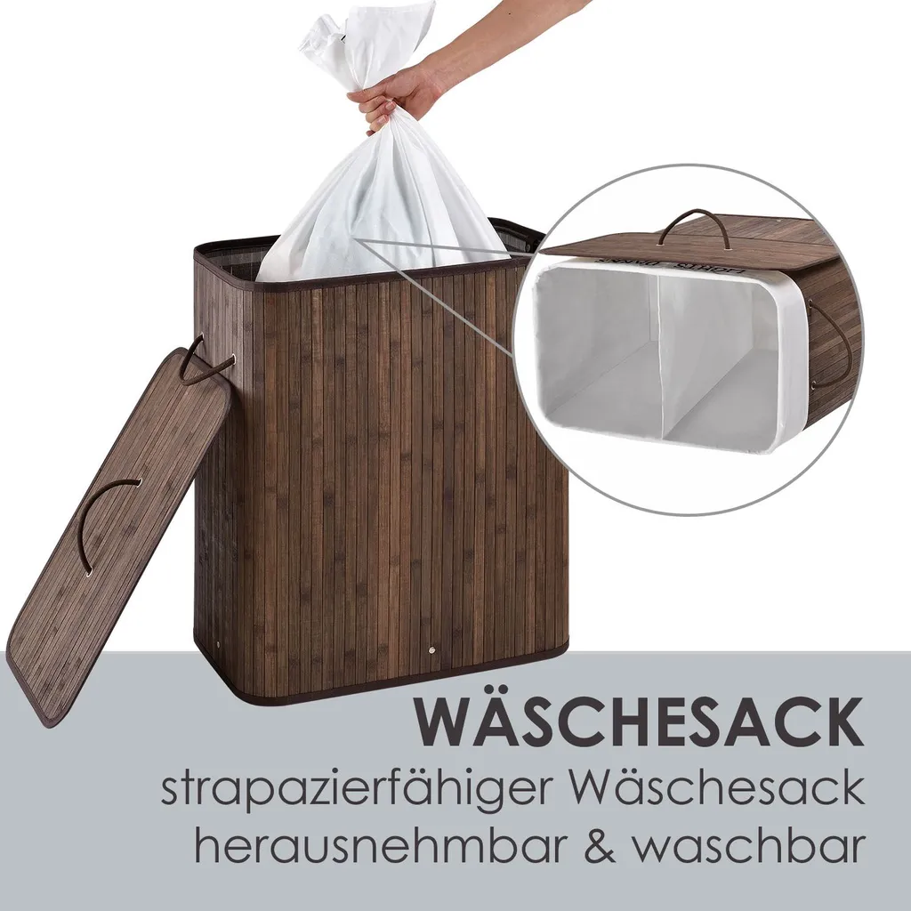 Juskys Bambus Wäschekorb Curly – 100 Liter Wäschesammler Mit Deckel, Griff & Stoff Wäschesack – 2 Fächer Wäschesortierer – Wäschebox In Braun 8 Juskys Bambus Wäschekorb Curly – 100 Liter Wäschesammler Mit Deckel, Griff & Stoff Wäschesack – 2 Fächer Wäschesortierer – Wäschebox In Braun – Bild 6